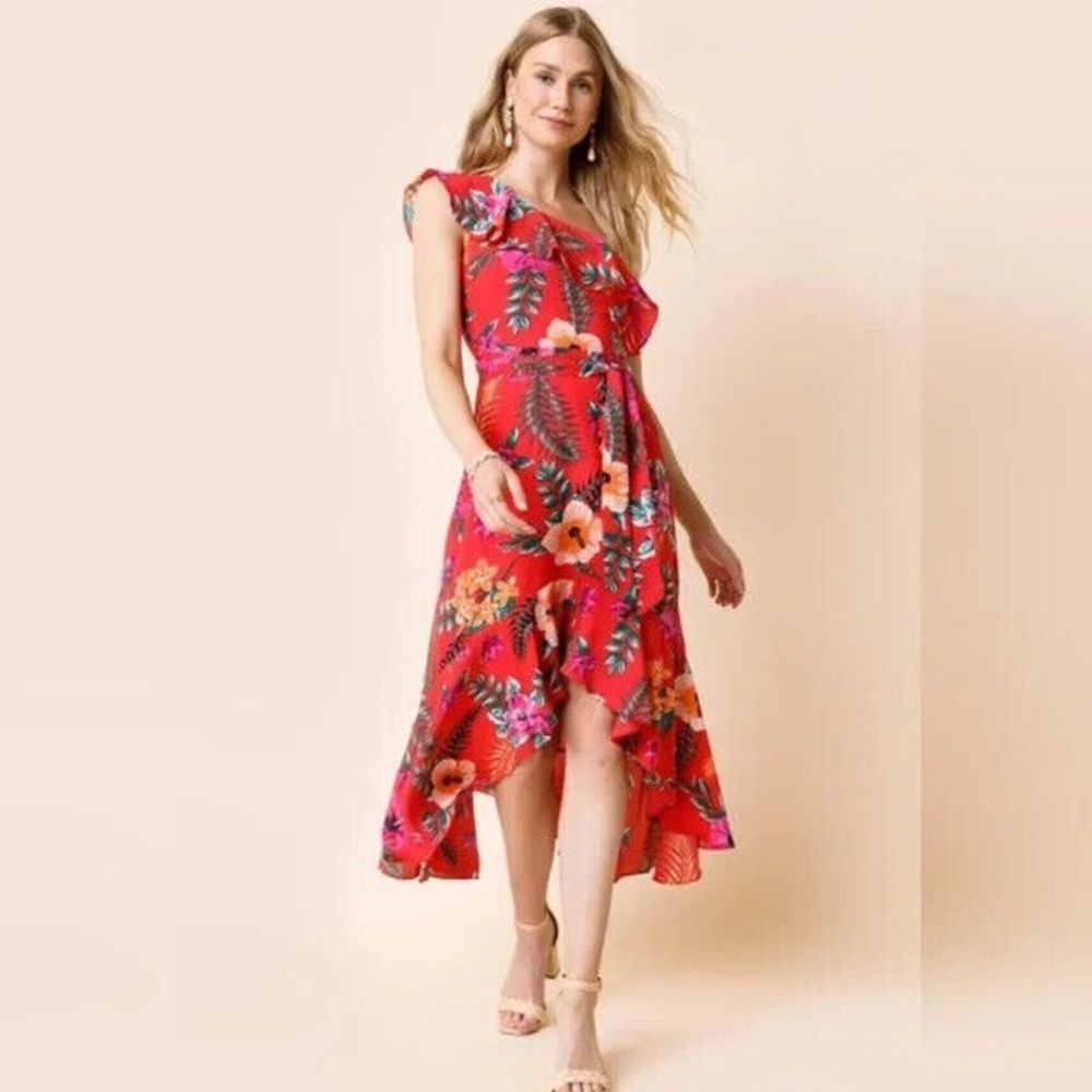 Mi Ami Red Floral One Shoulder Ruffled High Low Dress - Picture 4 of 9